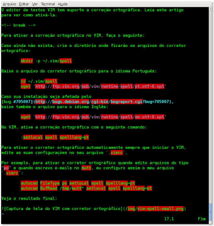 Captura de tela do VIM com corretor ortográfico